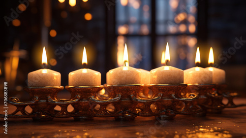 Warm candlelight from beige candles on an ornate, antique-style holder, casting a soft glow in a dim room.