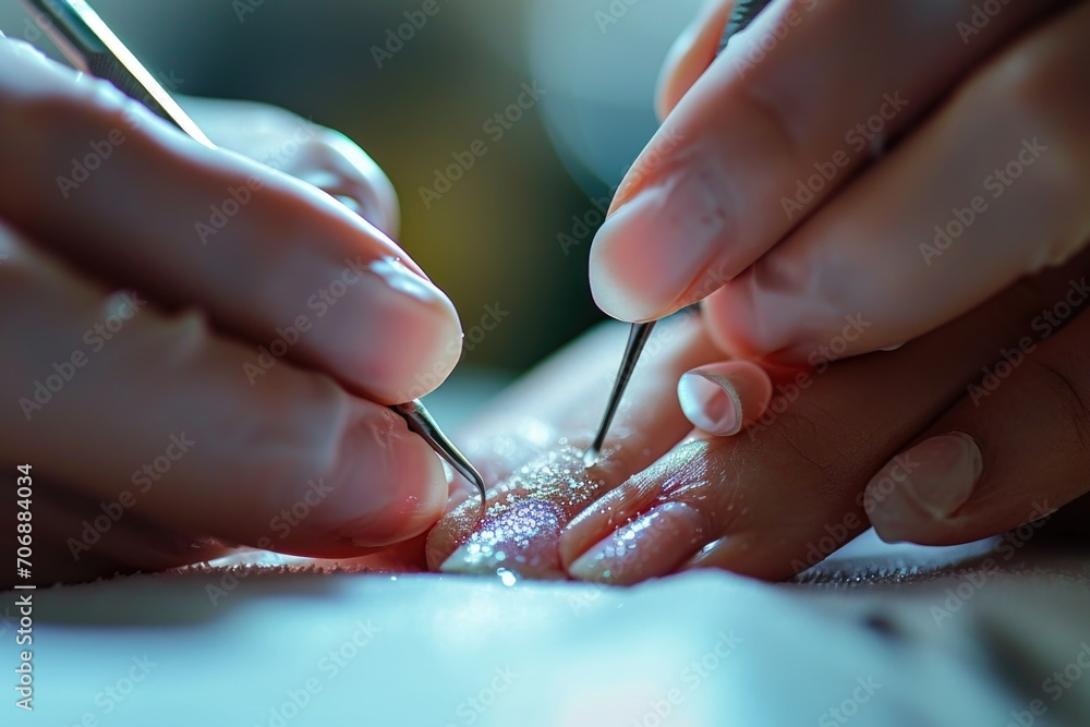 Obraz premium Close up of a person using a nail brush. Perfect for nail care and hygiene concepts