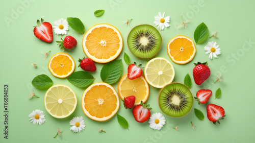 A colorful composition of citrus slices, strawberries, and fresh mint, interspersed with daisies on a green backdrop.