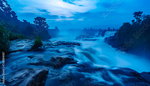 A serene twilight scene with a waterfall flowing from Inga fall in the democratic republic of Congo through rocks surrounded by trees, AI generated photo