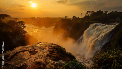 Sunset over a powerful Inga waterfall in the democratic republic of Congo with mist rising and the sky painted in warm hues, AI generated