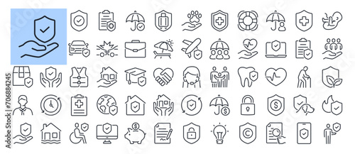 Insurance, assurance, protection and risk editable stroke outline icons set isolated on white background flat vector illustration. Pixel perfect. 64 x 64.