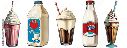 Collection of vintage illustrations with effects Halftone cartoon style in 1950's, Illustration of milk and milk shake. Transparent background PNG.