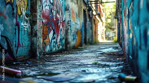 A picture of a narrow alley with colorful graffiti adorning the walls. This image can be used to depict urban art, street culture, or the vibrant atmosphere of city neighborhoods