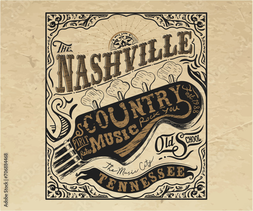 Nashville vintage music poster design, western vintage music typography with guitar for t shirt, sticker, poster, graphic print, vintage floral frame  photo