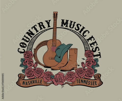 country music with boots and guitar  vector illustration, retro vintage cowboy music poster design, western vintage artwork for t shirt, sticker, poster, graphic print