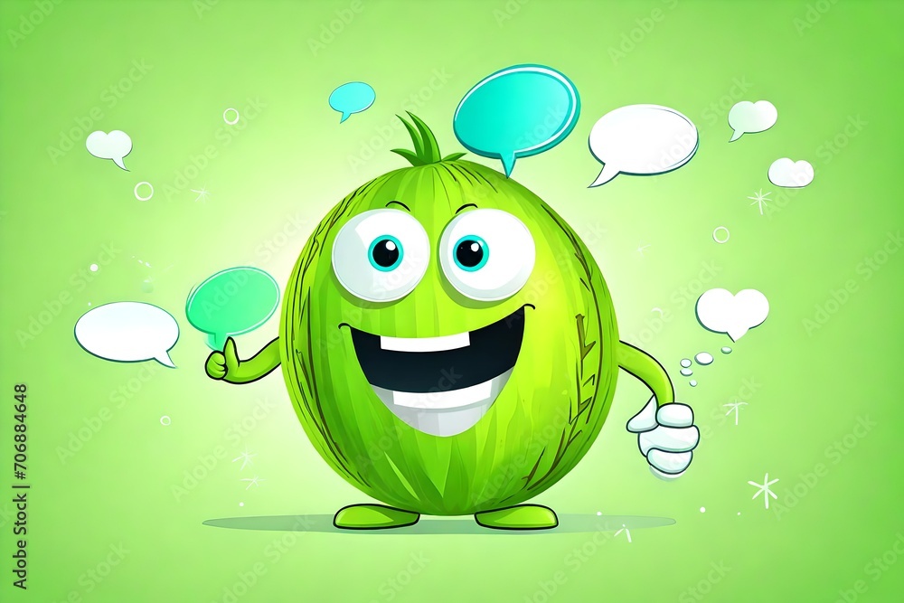 cartoon illustration of cute light green coconut mascot character with love chat bubbles