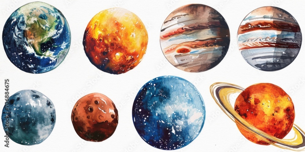 Colorful watercolor paintings of all nine planets in our solar system. Perfect for educational materials or science-related projects