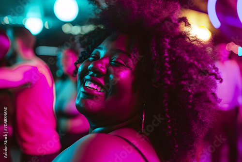 portrait of confident overweight happy dancing black woman in crowded nightclub embodying body positivity, selective focus shot with neon lights