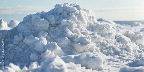 A pile of snow sitting on top of a beach. Suitable for winter beach scenes or contrasting elements in nature