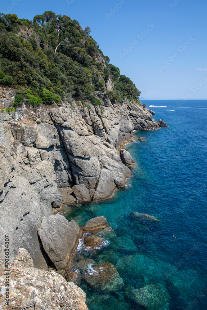coast in Liguria Portofino Italy south europe waves of the sea on cliff