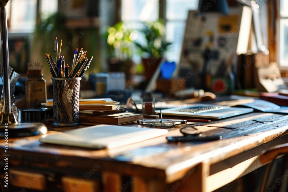 A collection of office supplies arranged neatly on a wooden desk. Ideal for illustrating a productive work environment A collection of office supplies arranged neatly on a wooden desk. Ideal for illustrating a productive work environment