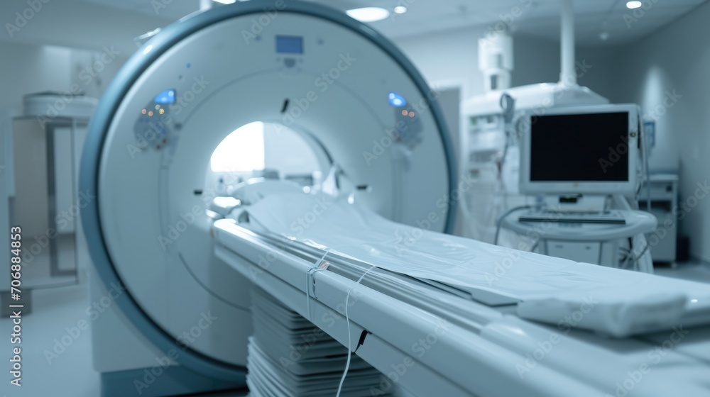 A hospital room featuring a large MRI machine. This image can be used to depict medical diagnostics and healthcare technology A hospital room featuring a large MRI machine. This image can be used to depict medical diagnostics and healthcare technology