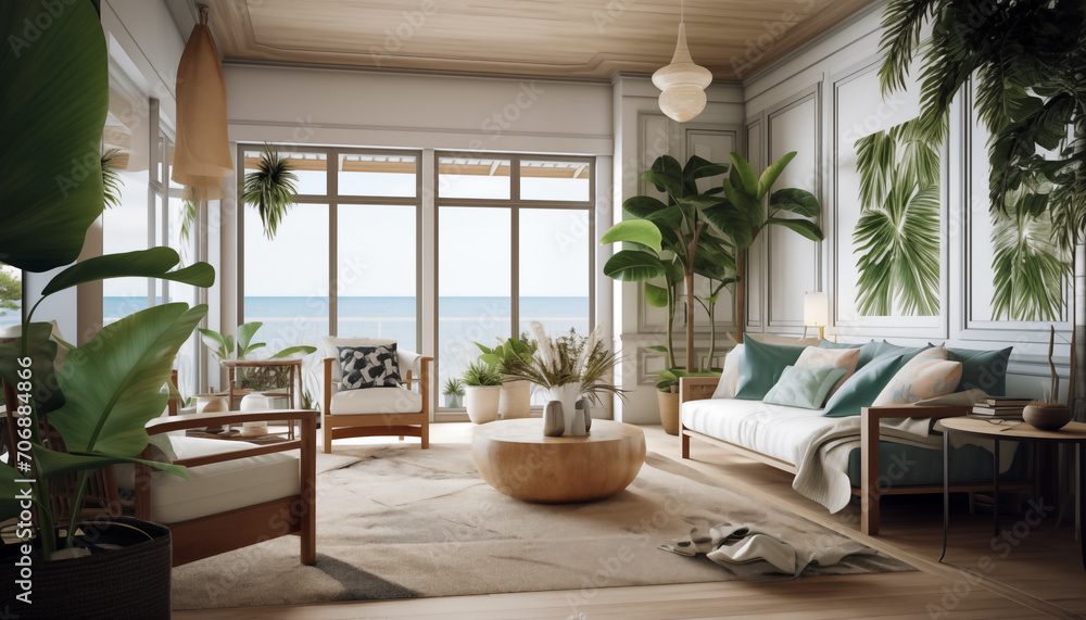 Fototapeta premium Modern living room with a window view,AI generated.