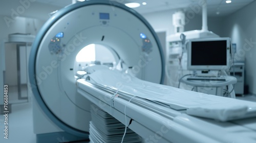 A hospital room featuring a large MRI machine. This image can be used to depict medical diagnostics and healthcare technology