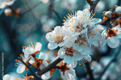 A close-up view of a bunch of flowers growing on a tree. This image can be used to showcase the beauty of nature and the vibrant colors of blooming flowers