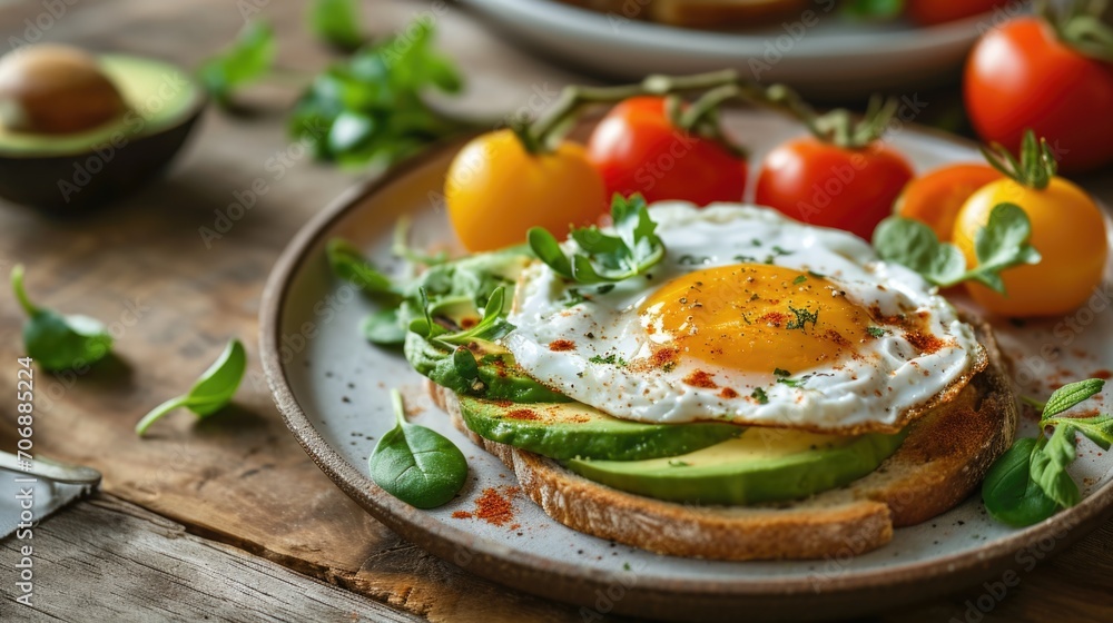 A plate topped with an egg and avocado. Perfect for a healthy and delicious breakfast or brunch option