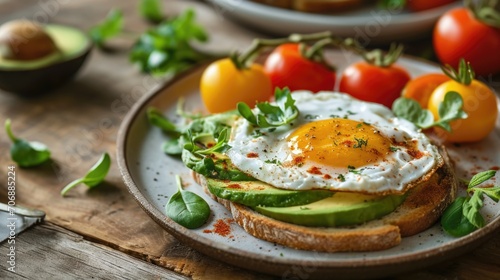 A plate topped with an egg and avocado. Perfect for a healthy and delicious breakfast or brunch option