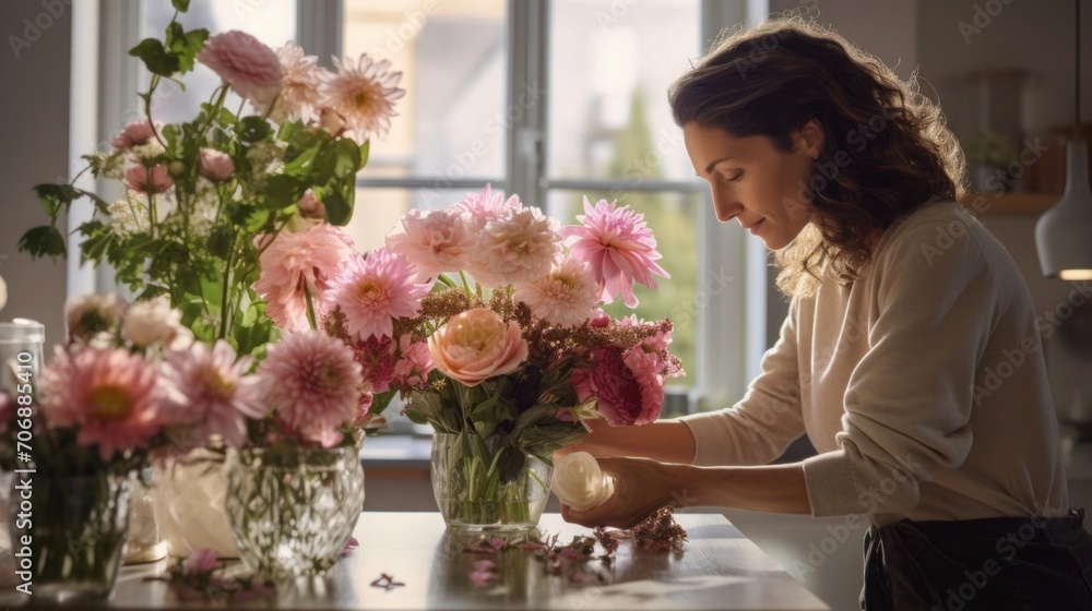 A photo of a mother arranging fresh flowers in a vase A photo of a mother arranging fresh flowers in a vase