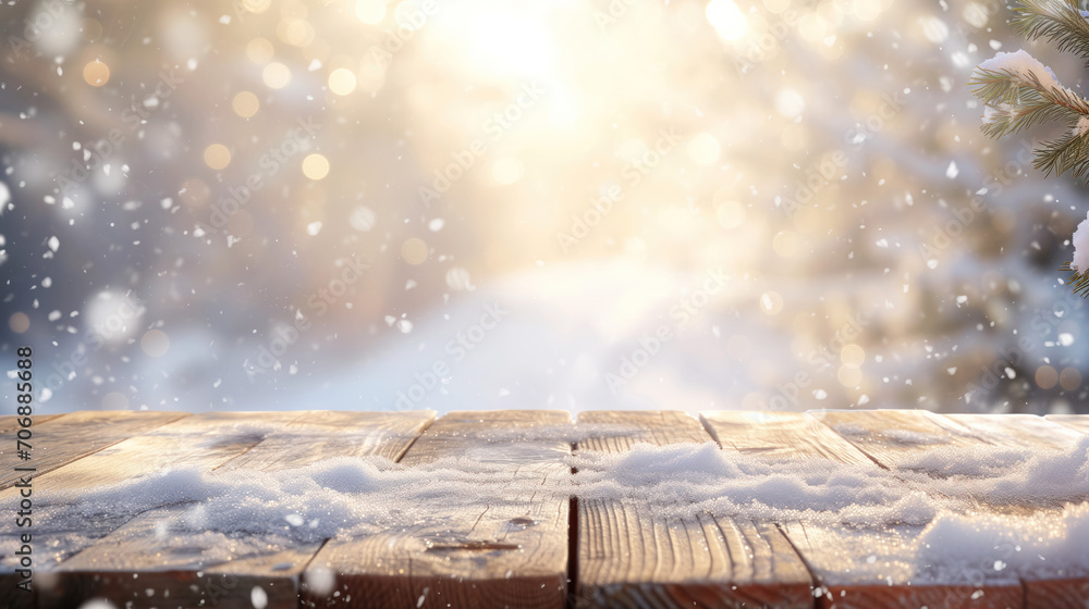 wooden table platform with dusting of falling snow with sunlight glimmering wooden table platform with dusting of falling snow with sunlight glimmering