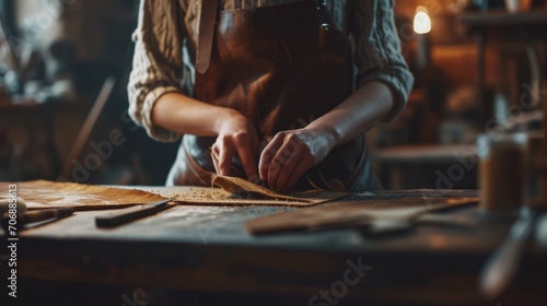 A woman in an apron is seen working on a piece of wood. This image can be used to depict woodworking, carpentry, DIY projects, or craftsmanship