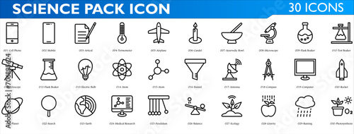 Science icon set. Containing mobile, thermometer, airplane, microscope, flash beaker, computer, compass, satelite, atom, telescope, planet, earth, pendulum and gravity. outline syle collection