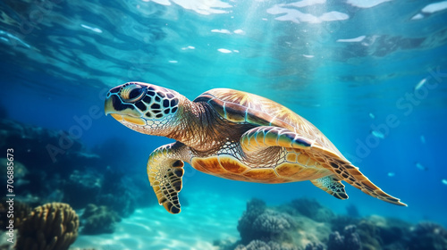 turtle swimming in the deep sea, underwater photography, beautiful, Generate AI. © Salis