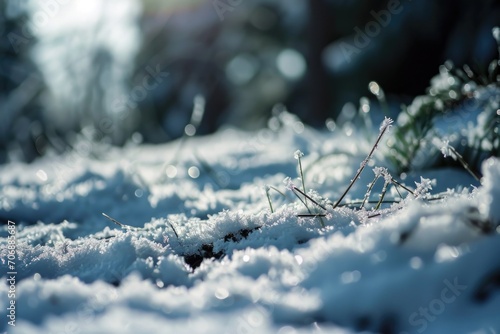 A close up shot of a snow covered ground. Perfect for winter-themed designs and backgrounds © Fotograf