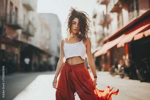 Young girl in modern style dancing on the city streets and looking at camera photo