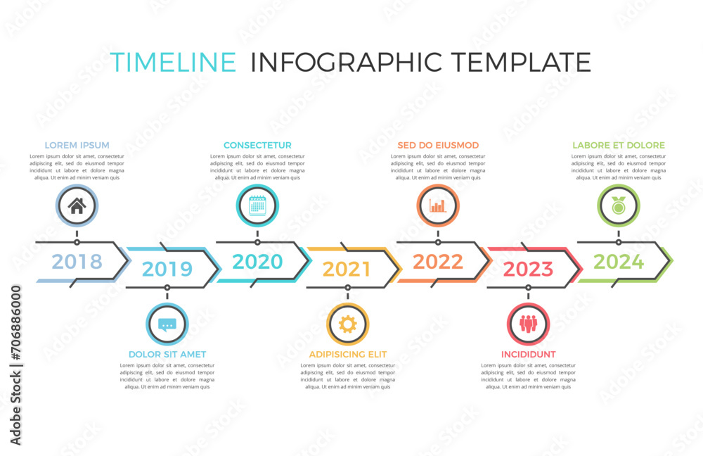 Horizontal timeline template with seven arrows, workflow or process diagram, vector eps10 illustration