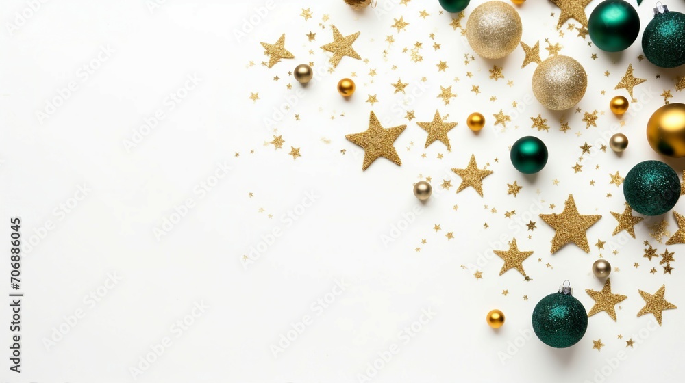 Festive Christmas Decorations in Gold - Top View Holiday Concept with Shiny Ornaments, Red Ribbon, and Traditional Winter Sparkle Festive Christmas Decorations in Gold - Top View Holiday Concept with Shiny Ornaments, Red Ribbon, and Traditional Winter Sparkle