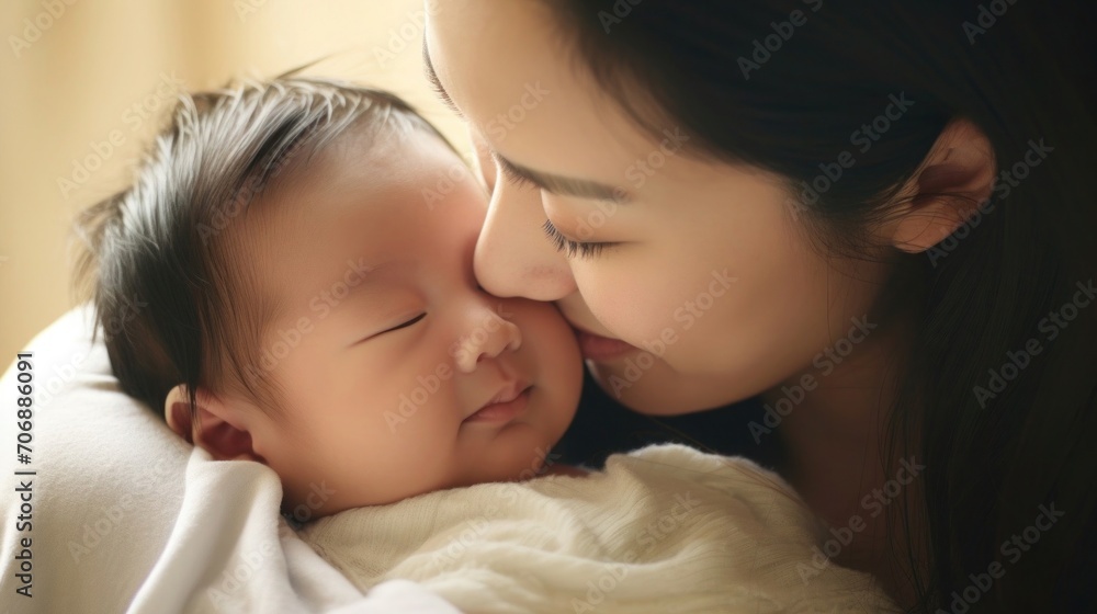 Close-up photo a mother lovingly embracing her newborn child Close-up photo a mother lovingly embracing her newborn child
