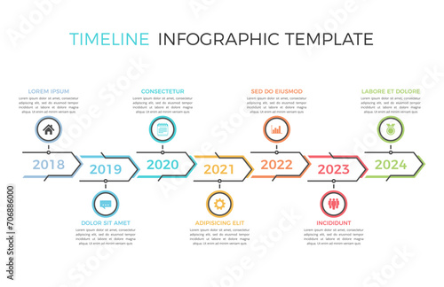 Horizontal timeline template with seven arrows, workflow or process diagram, vector eps10 illustration