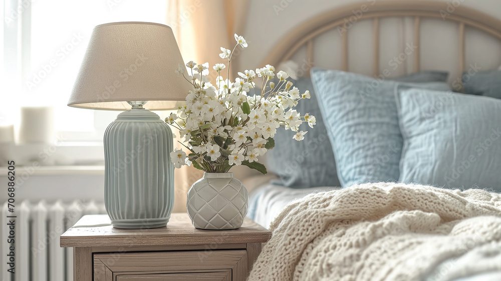 Bedside table with lamp and flowers in the bedroom. Interior of a house in loft style