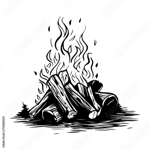 Burning bonfire with a large flame for camping, camping bonfire. Vector illustration of fire in sketch engraving style photo