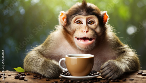 Happy monkey and coffee cup. AI generated © Mystery
