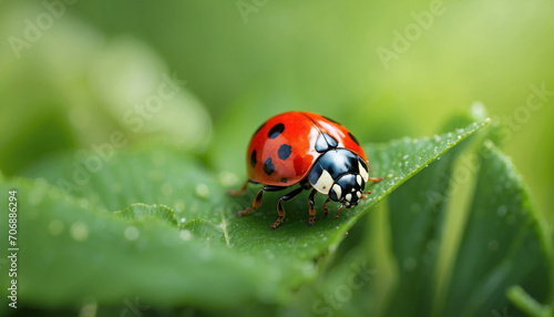 Ladybug on a green grass leaf. AI generated © Mystery
