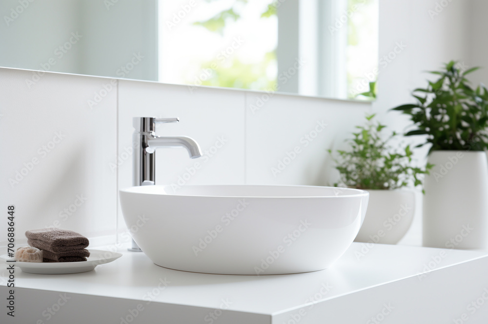 Fototapeta premium Minimalistic white sink. Purity. Cleaning up for spring. Plants in the bathroom