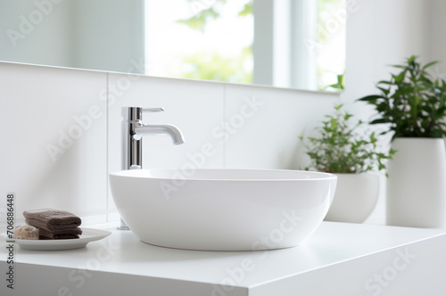 Minimalistic white sink. Purity. Cleaning up for spring. Plants in the bathroom