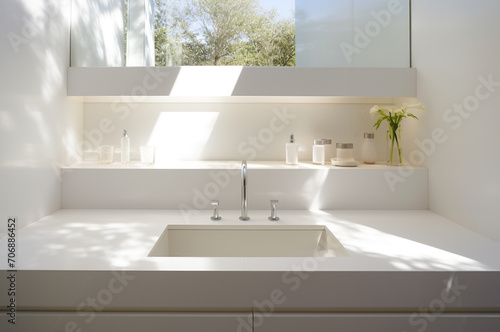 Minimalistic white sink. Purity. Cleaning up for spring. Bathroom window