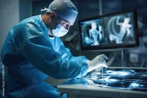 Orthopedic surgeon examining an elbow joint x-ray photo