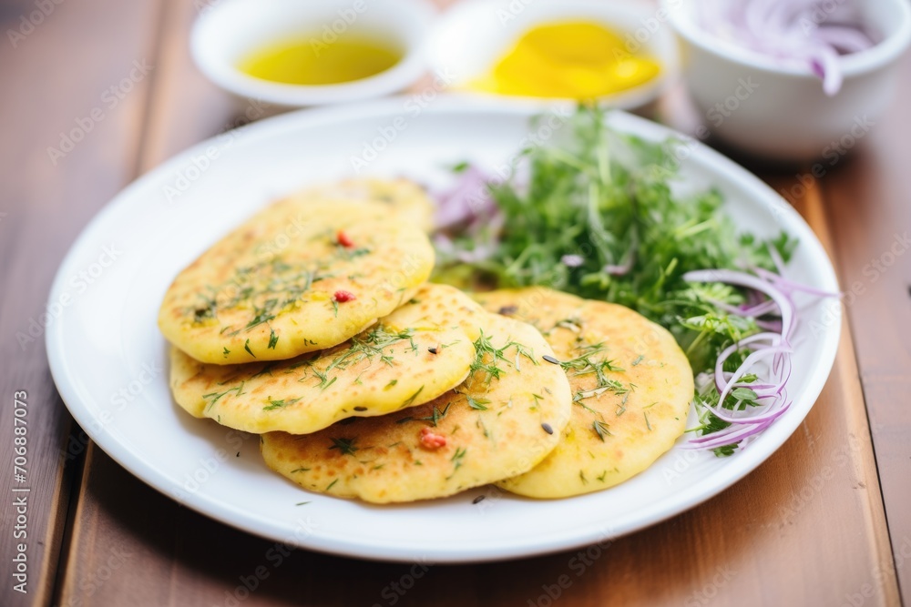 golden brown arepas on a white plate with herbs
