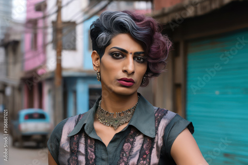 
Portrait photo of a transgender Hijra activist, a man in casual yet bold women's attire, determined expression, urban background