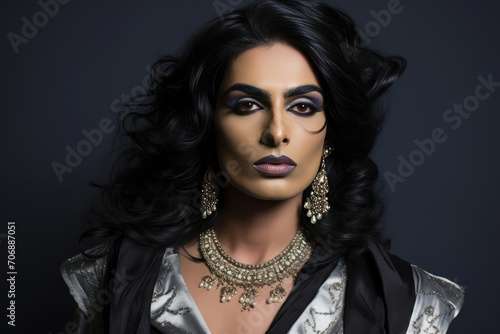 Portrait photo of a young transgender Hijra man in modern women's fusion wear, blending traditional and contemporary styles photo