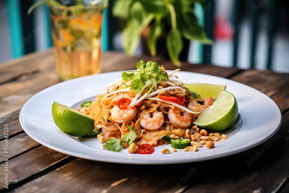 pad thai with shrimp, peanuts, and lime slice on a plate