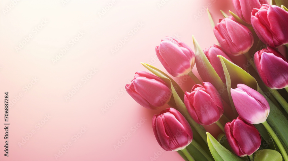A fresh bunch of pink tulips stands out against a soft pink background, symbolizing spring and renewal.
