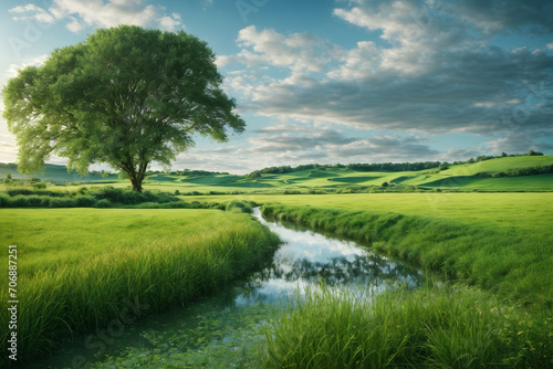 A landscape of a green fields and a bright blue sky