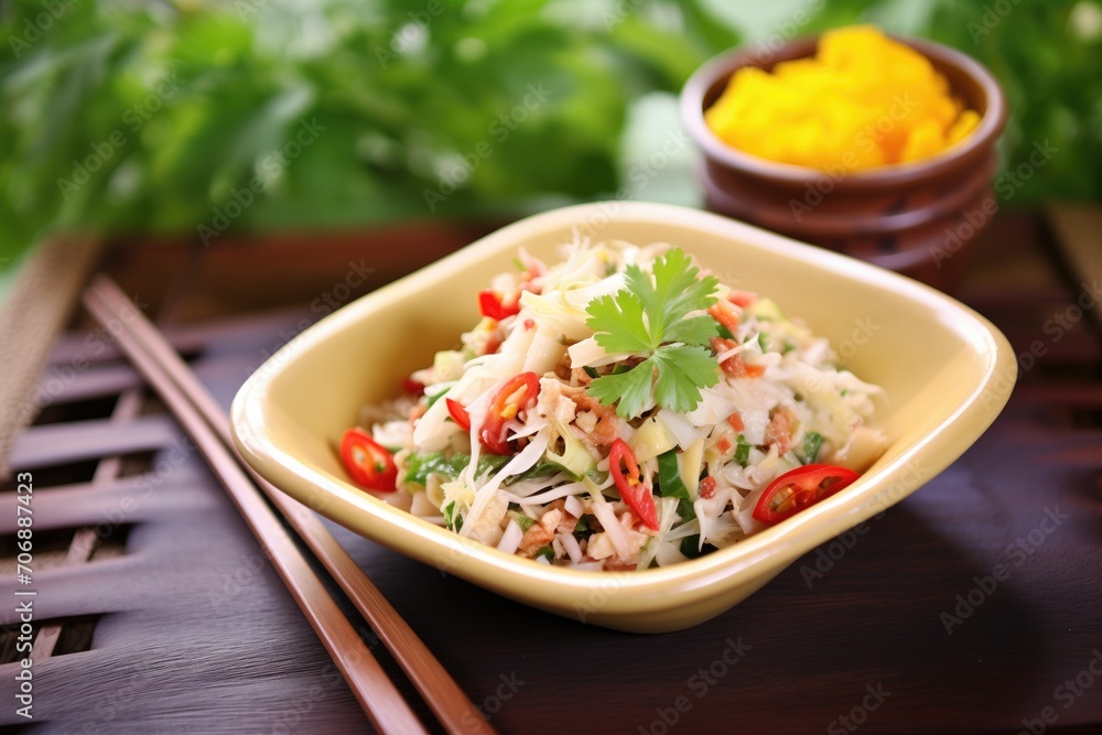 fresh asian slaw in ceramic dish, bamboo background fresh asian slaw in ceramic dish, bamboo background