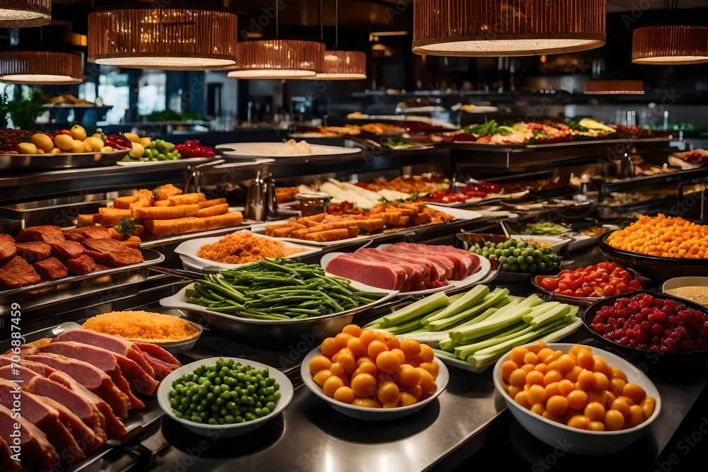 a buffet with a variety of food indoors at a restaurant, including meats, colorful fruits, and vegetables