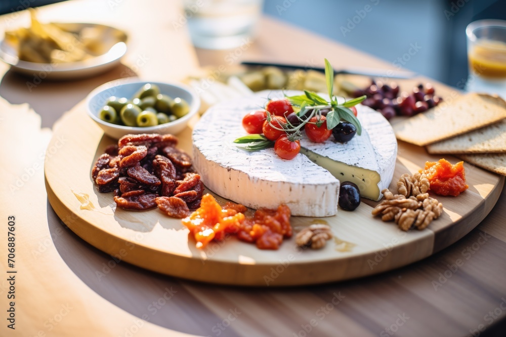 camembert on a cheese board with olives and sun-dried tomatoes camembert on a cheese board with olives and sun-dried tomatoes